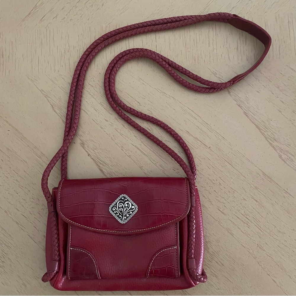 Coldwater Creek Red Brown Crossbody Purse Silver Heart Medallion Braided Strap